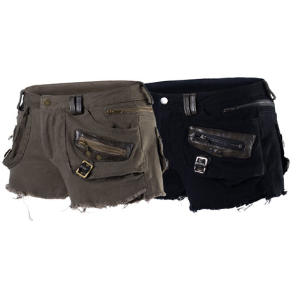 Leather buckle washed denim shorts for women