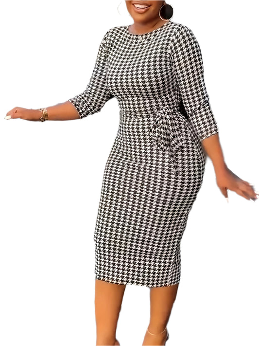 Chic Vintage Houndstooth Bodycon 3/4 Sleeve Dress