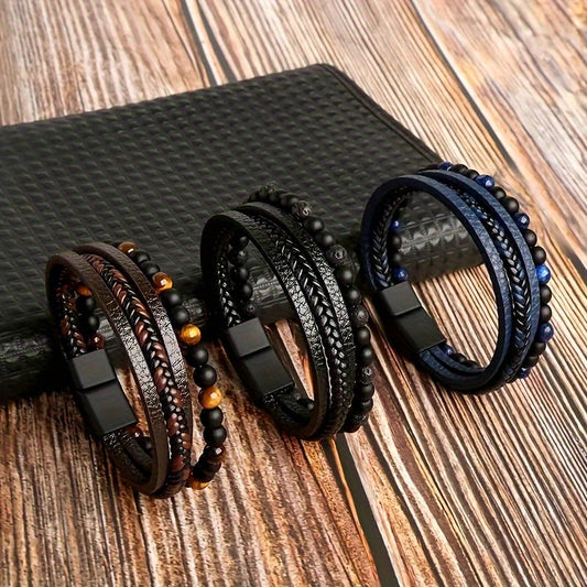 1pc Unique Tiger Eye Stone Beaded Fashion Layered Woven Faux Leather Men's Daily Wear Statement Bracelet