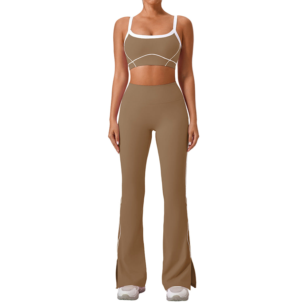 Women’s Contrast Color Yoga Set – Spaghetti Strap Sports Bra & High-Waist Fitness Outfit