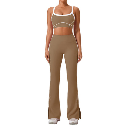 Women’s Contrast Color Yoga Set – Spaghetti Strap Sports Bra & High-Waist Fitness Outfit