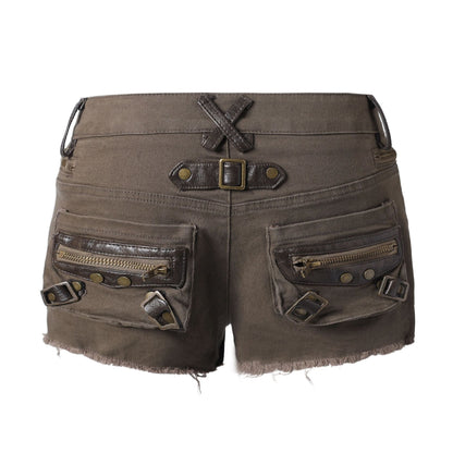 Leather buckle washed denim shorts for women