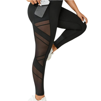 Plus Size Women's High-Waist Yoga Leggings with Mesh Panels - Stretchy & Breathable Polyester/Spandex Blend, Non-See-Through Leggings