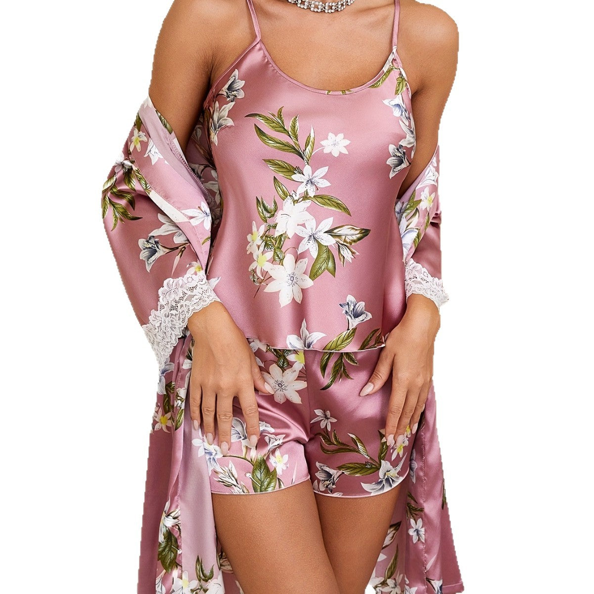 Women’s Sexy Three-Piece Silk-Like Sleepwear Set with Robe