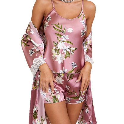 Women’s Sexy Three-Piece Silk-Like Sleepwear Set with Robe