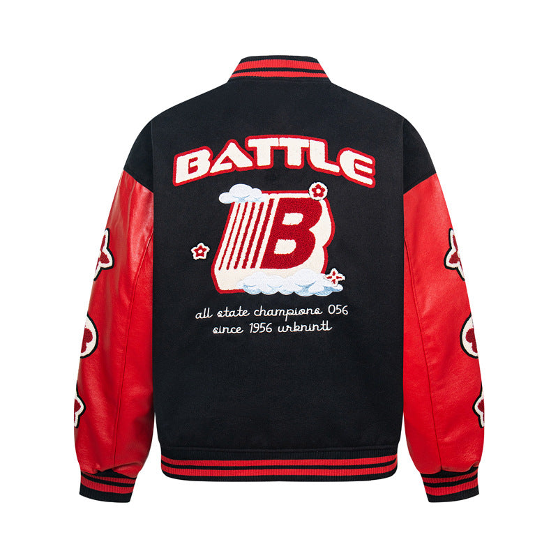 Men’s Street Style PU Leather Sleeve Patchwork Baseball Jacket