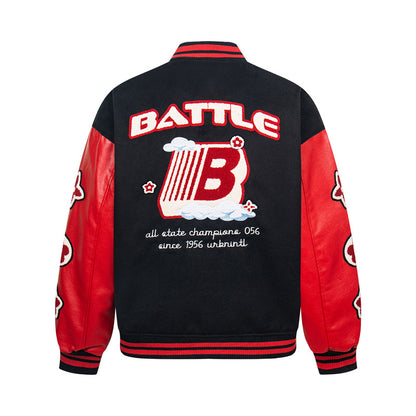 Men’s Street Style PU Leather Sleeve Patchwork Baseball Jacket