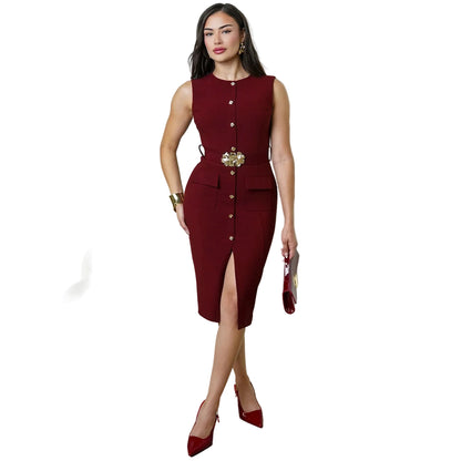 Elegant Single-Button Fitted Slash Hem Dress for Women