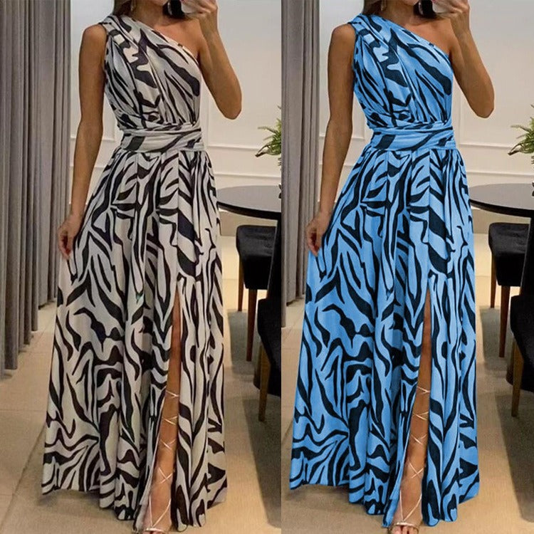 Loud back single shoulder sleeveless printed long dress for women