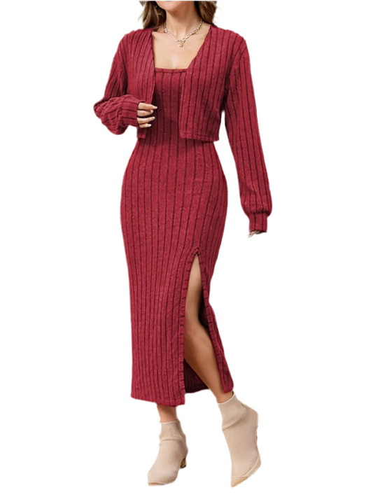 Ribbed Long Sleeve Cropped Cardigan and Slit Cami Dress Set