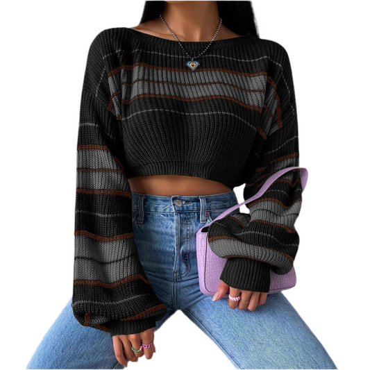 Knitted Contrast Color Striped Loose All-match Long Sleeve