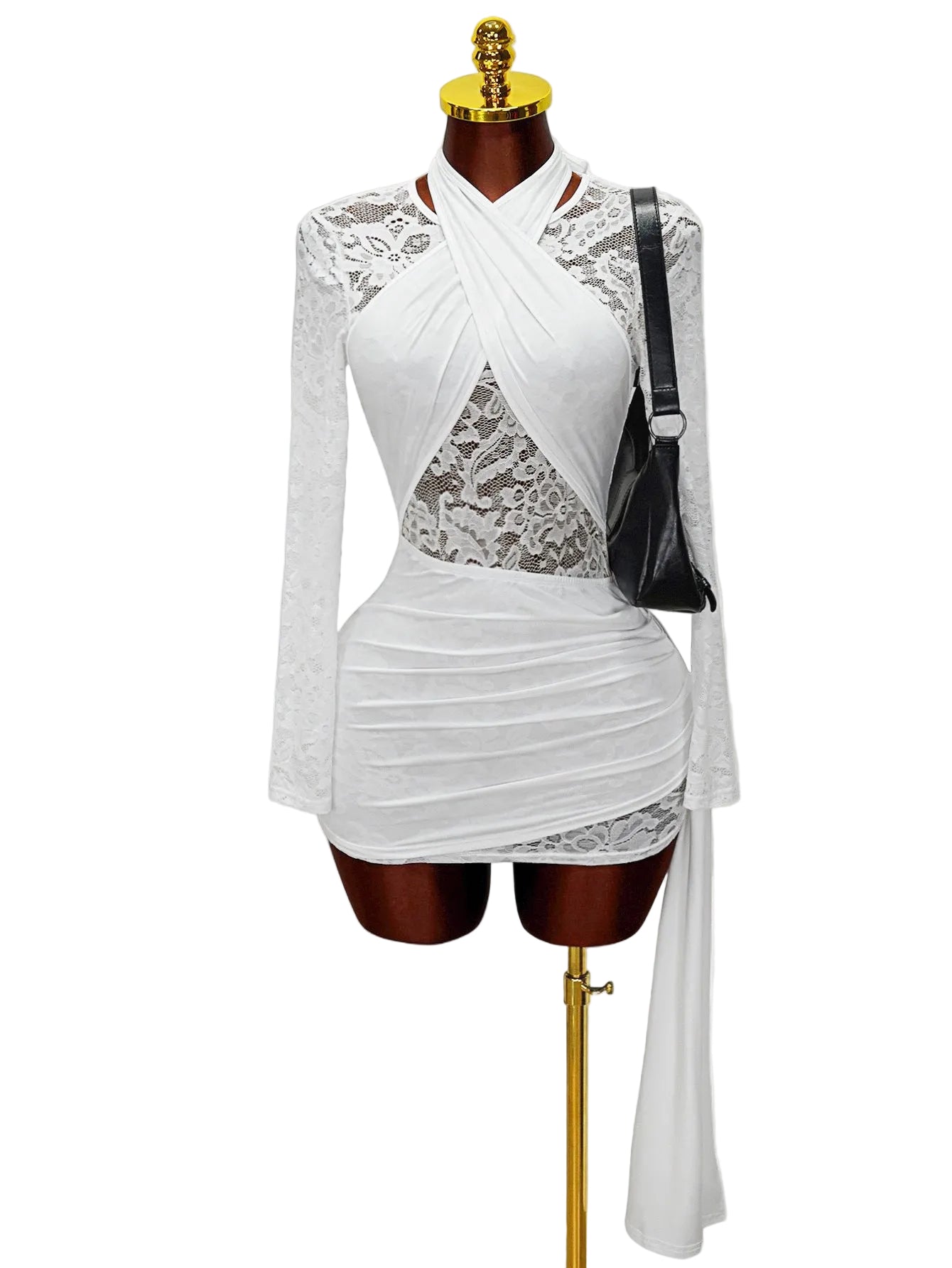 Elegant Lace Mesh Fitted Dress with Tie-Back Neckline