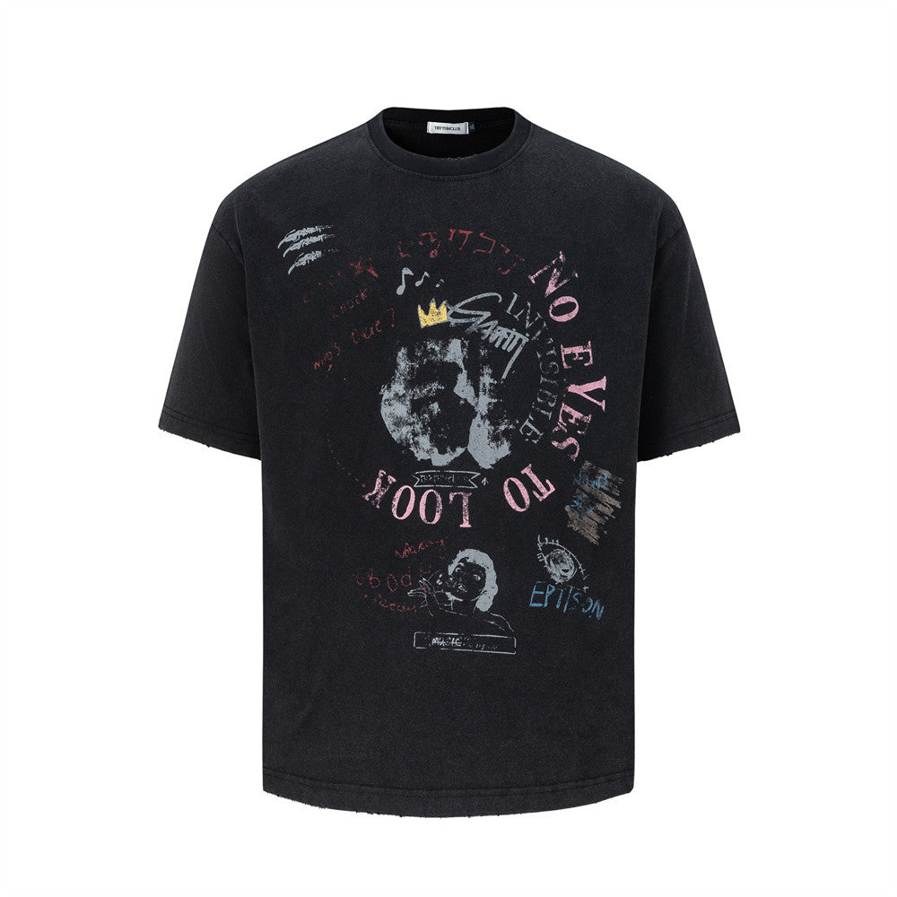 Graffiti printed figure short sleeved t-shirt