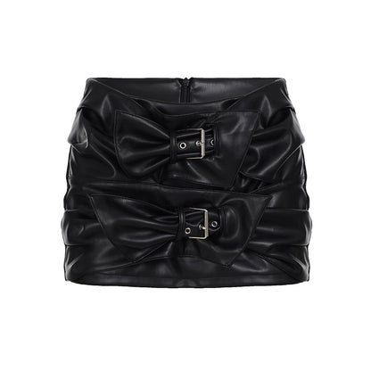Chic Leather Mini Skirt with Bow Buckle Detail