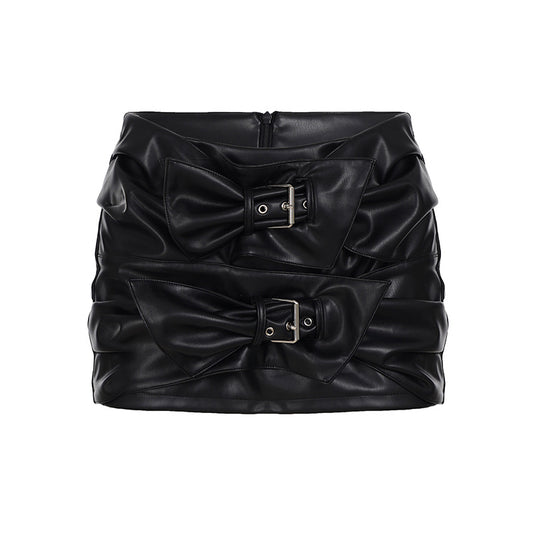 Chic Leather Mini Skirt with Bow Buckle Detail