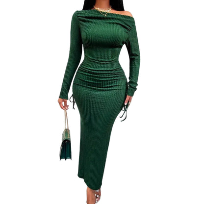 Elegant Women's High Neck Long Sleeve Fitted Ruched Drawstring Bodycon Dress