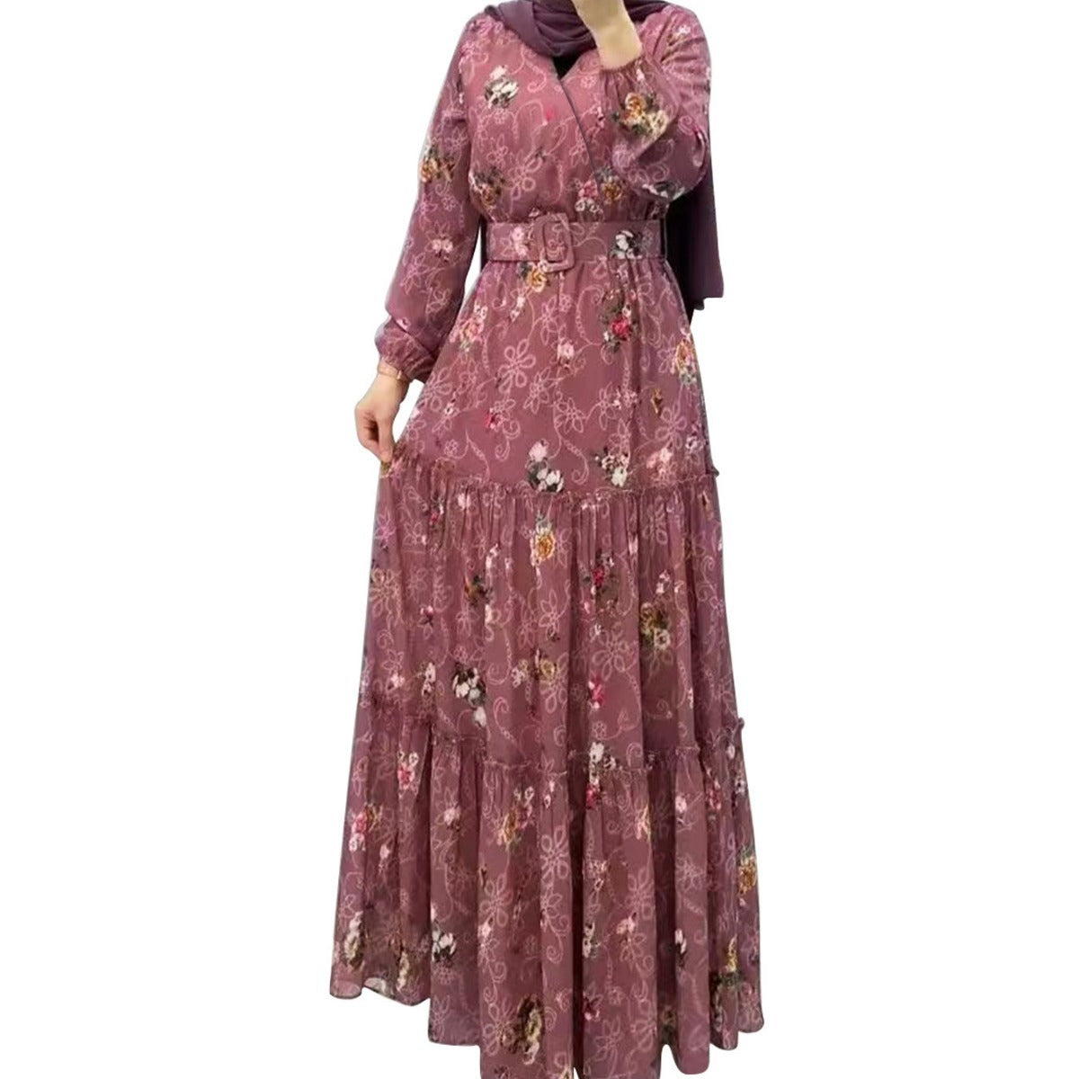 Flower high necked long dress, fashionable commuting dress