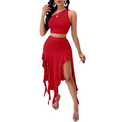 One-Shoulder Crop Top & Ruffle Skirt Set