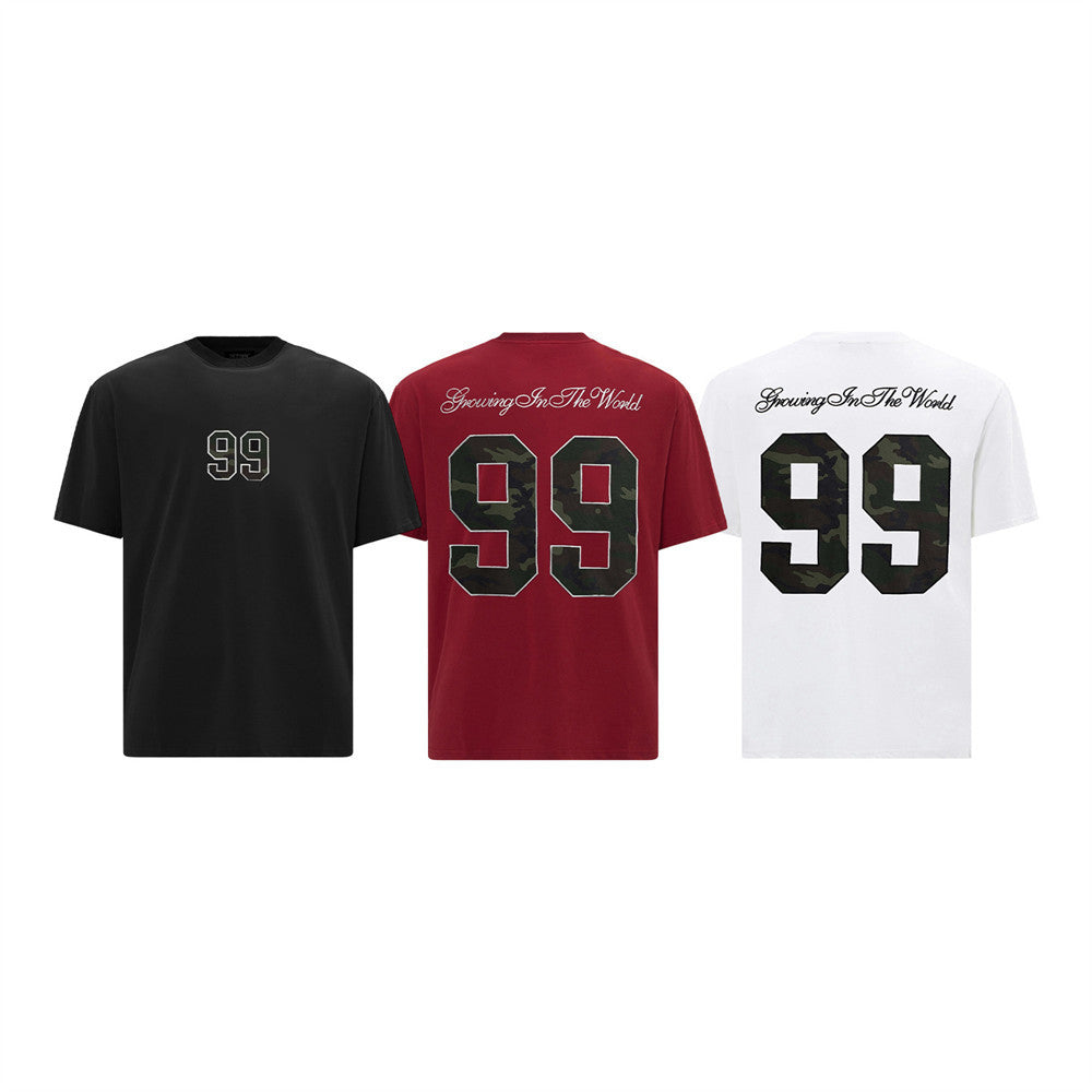 99 digit sticker embroidered short sleeved T-shirt