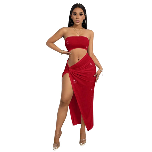 Sexy Hollow-Out Strapless Slit Bodycon Maxi Dress