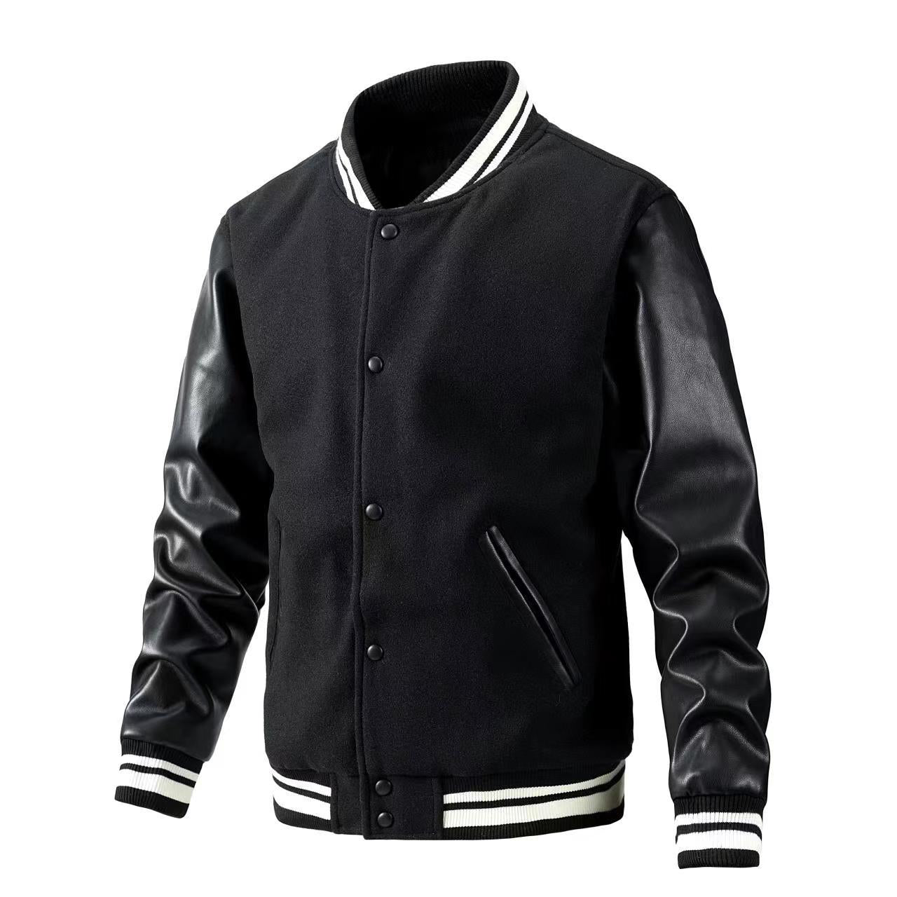 Men’s Casual Color-Block Baseball Jacket – Cotton & Wool Blend