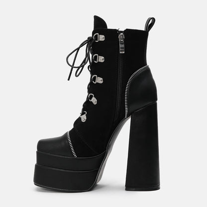 Double Waterproof Platform Super High Heel Fashion Mid rise Boots Winter New Style Square Head Thick Heel Martin Boots