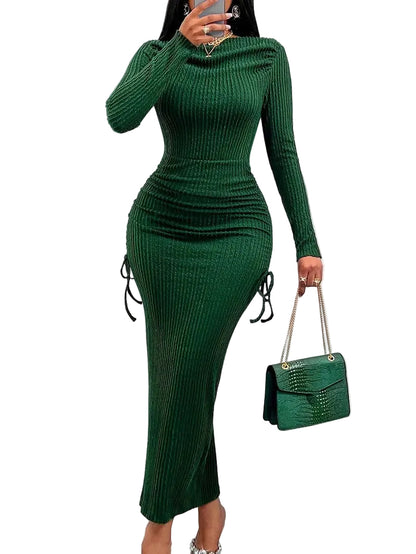 Elegant Women's High Neck Long Sleeve Fitted Ruched Drawstring Bodycon Dress