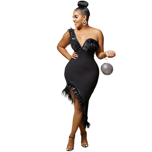 Elegant Sleeveless V-Neck Feather Dress