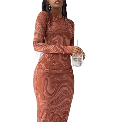 Elegant Printed Long Sleeve Round Neck Fitted Midi Dress