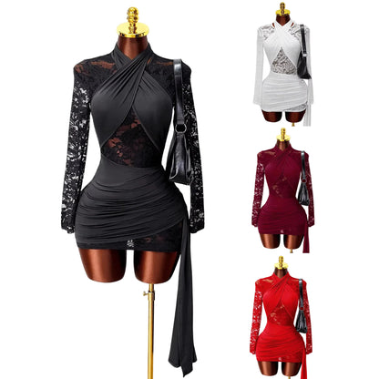 Elegant Lace Mesh Fitted Dress with Tie-Back Neckline