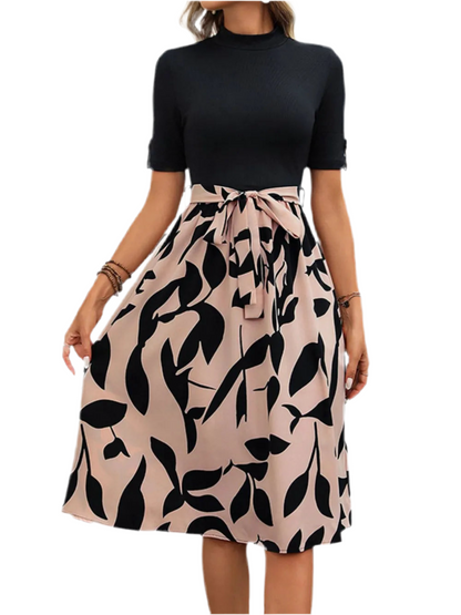 Perfee Tied Printed Mock Neck Short Sleeve Dress