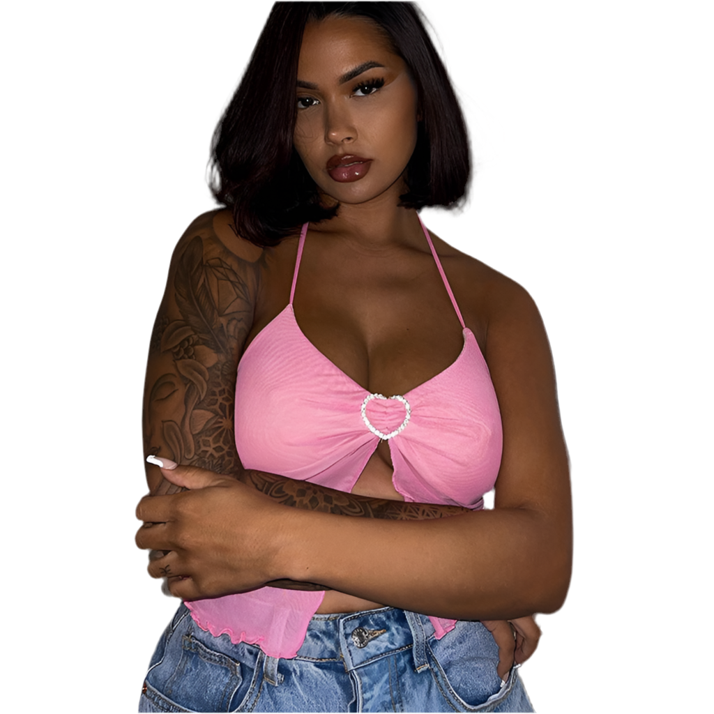 Sexy Pink Mesh Halter Top – Chest-Wrapped Crop Vest with Sheer Stitching
