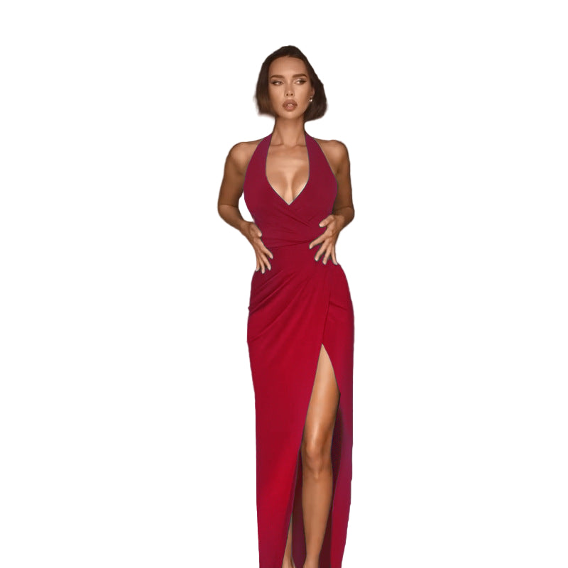 V-Neck Halter High-Slit Dress – Elegant Evening Maxi Dress for Women