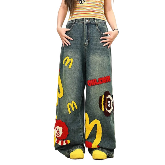 Street Style Embroidered Cartoon Denim Pants – Wide Leg BF Fit
