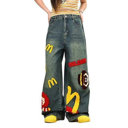Street Style Embroidered Cartoon Denim Pants – Wide Leg BF Fit