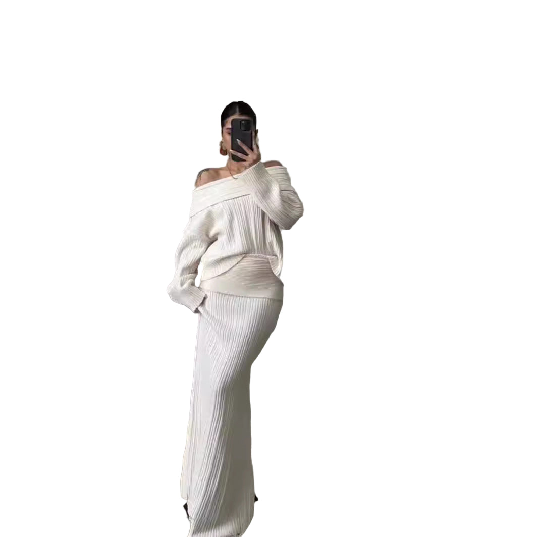 Women’s Winter Knitted Two-Piece Set – Off-Shoulder Sweater & Slim Skirt