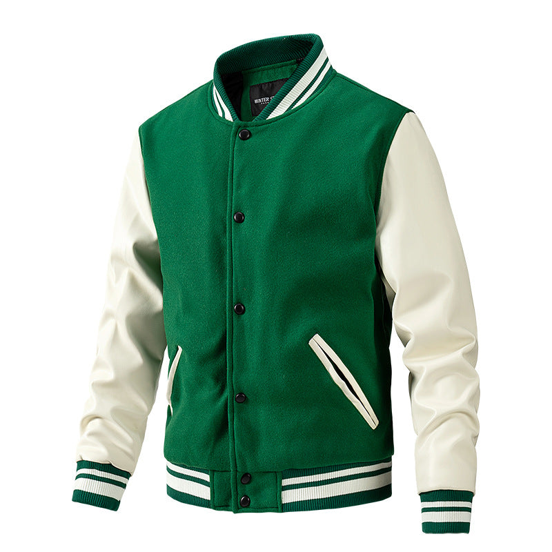 Men’s Casual Color-Block Baseball Jacket – Cotton & Wool Blend