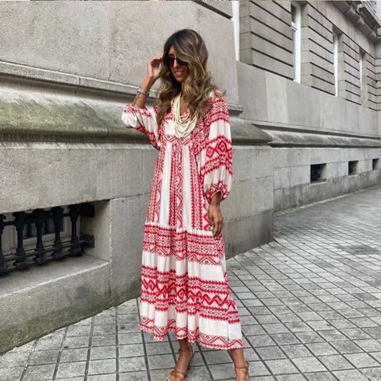 Geometric printed bubble sleeve dress