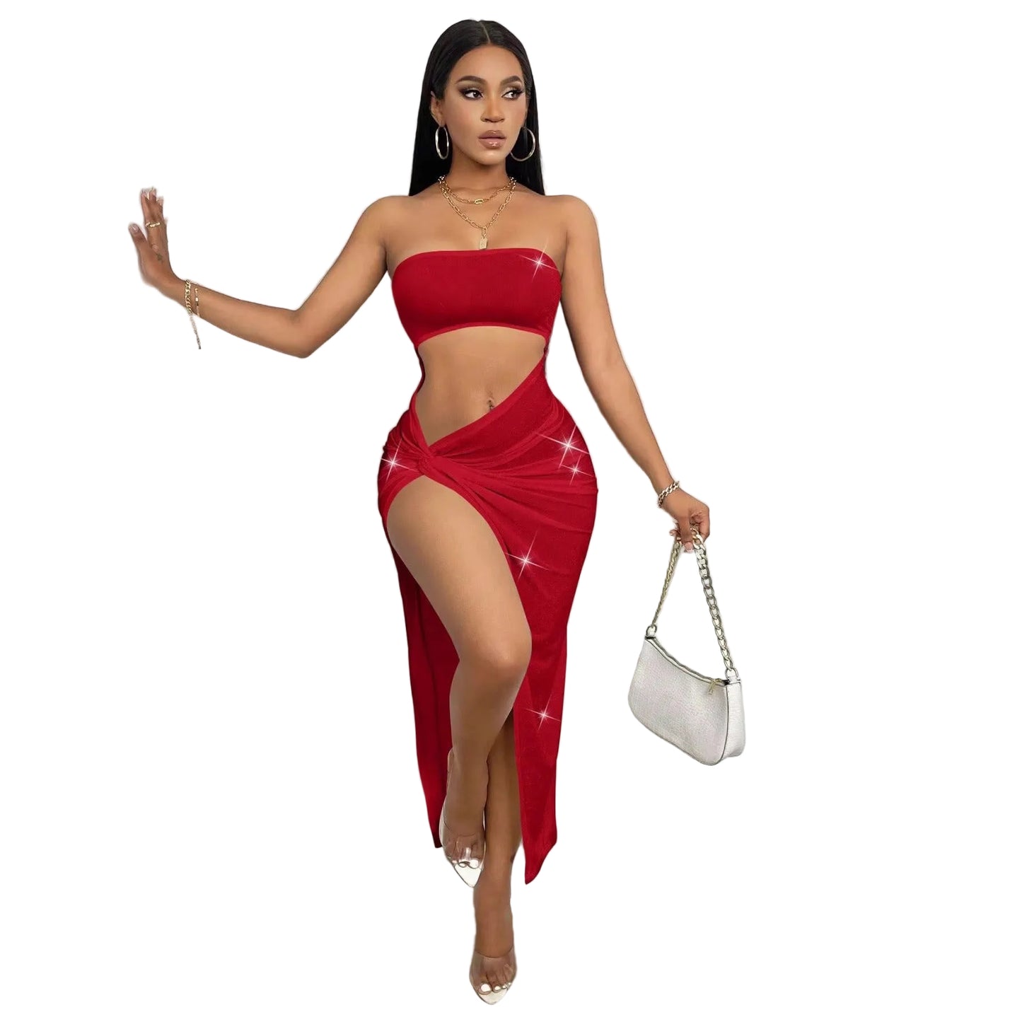 Sexy Hollow-Out Strapless Slit Bodycon Maxi Dress