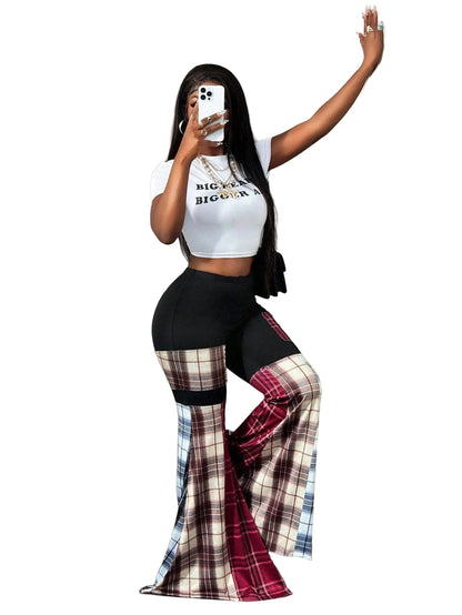 Patchwork High Waist Flared Casual Women's Trousers