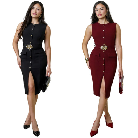 Elegant Single-Button Fitted Slash Hem Dress for Women