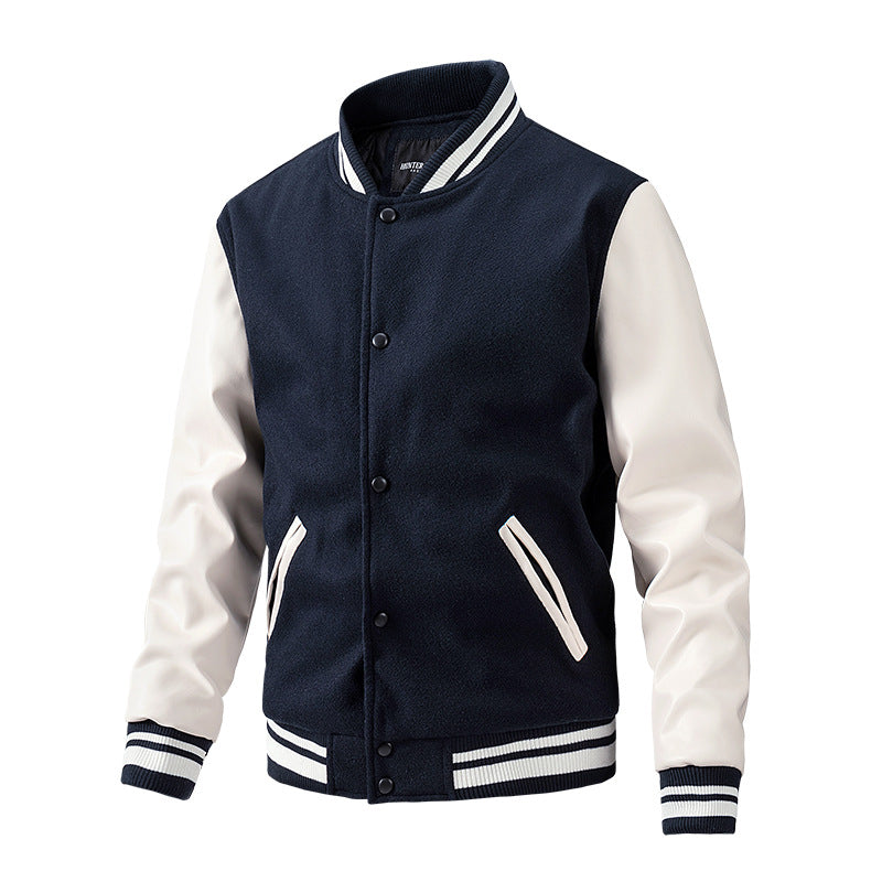 Men’s Casual Color-Block Baseball Jacket – Cotton & Wool Blend