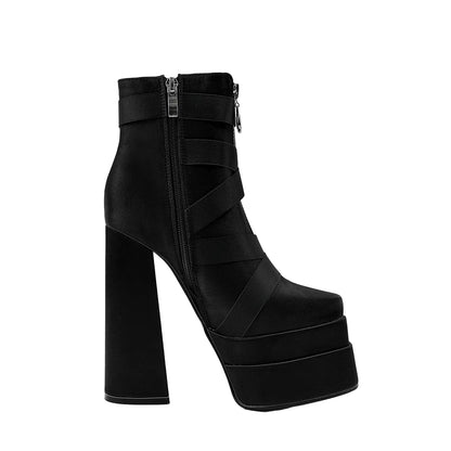 New Super High Heel 14cm Platform Thick Heel Square Head Silk Women's Smoke Pipe Boots Large Size 42