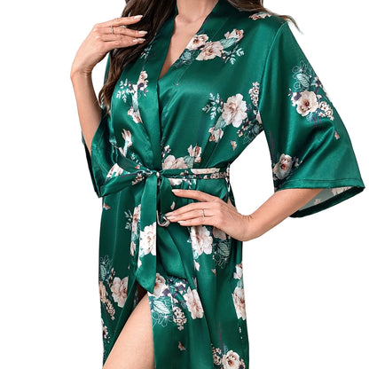 Women’s Satin-Like Long Sleeve Tie-Up Robe Sleepwear