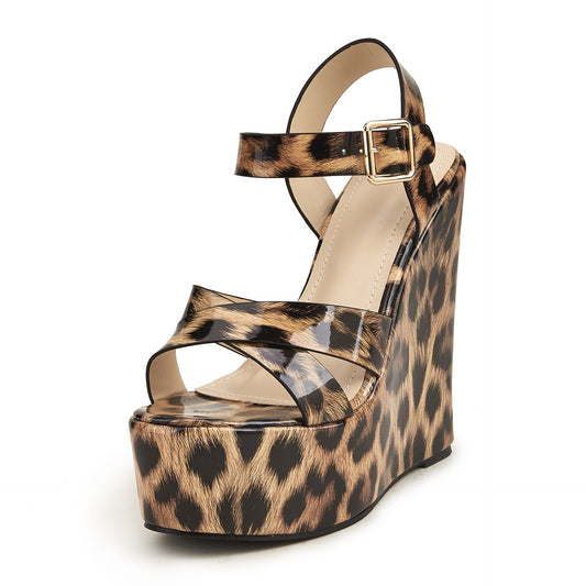Leopard Print Wedge Heel Platform Sandals for Women