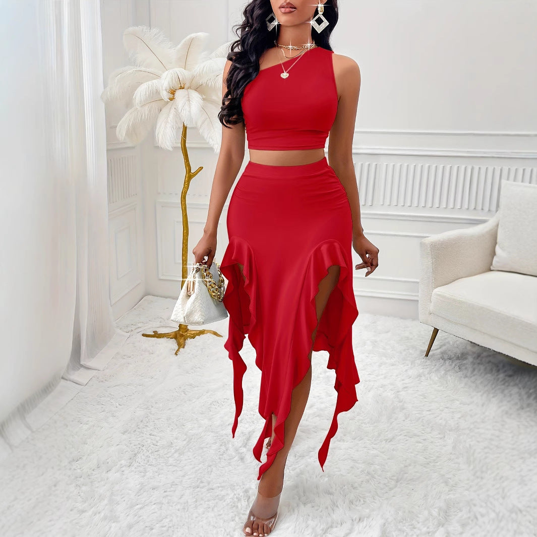 One-Shoulder Crop Top & Ruffle Skirt Set