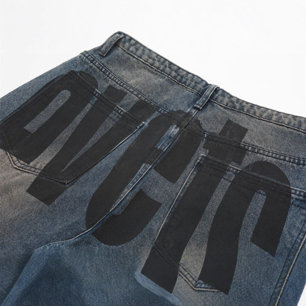 Men’s Casual Loose Fit Graphic Letter Denim Pants
