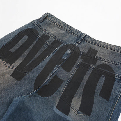 Men’s Casual Loose Fit Graphic Letter Denim Pants