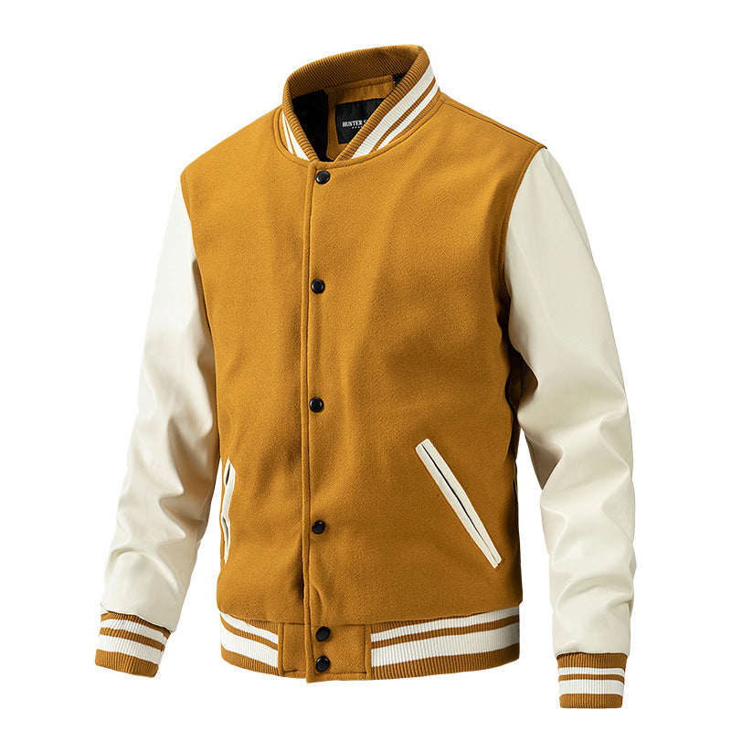 Men’s Casual Color-Block Baseball Jacket – Cotton & Wool Blend