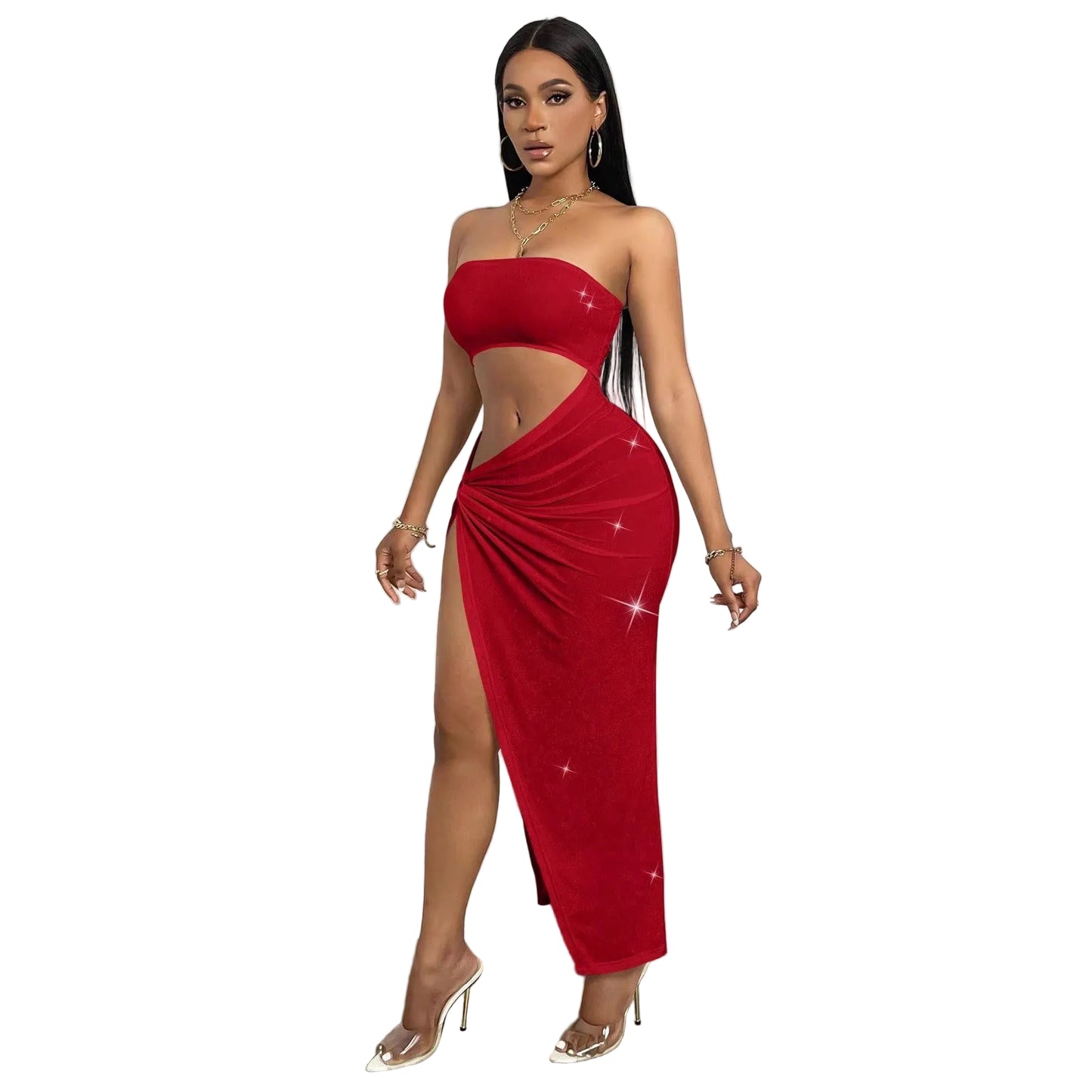 Sexy Hollow-Out Strapless Slit Bodycon Maxi Dress